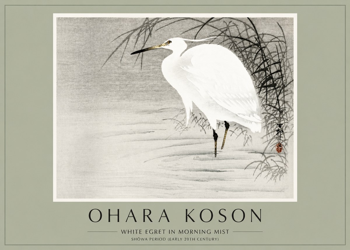 Ohara Koson White Egret in Morning Mist No2 - Juliste