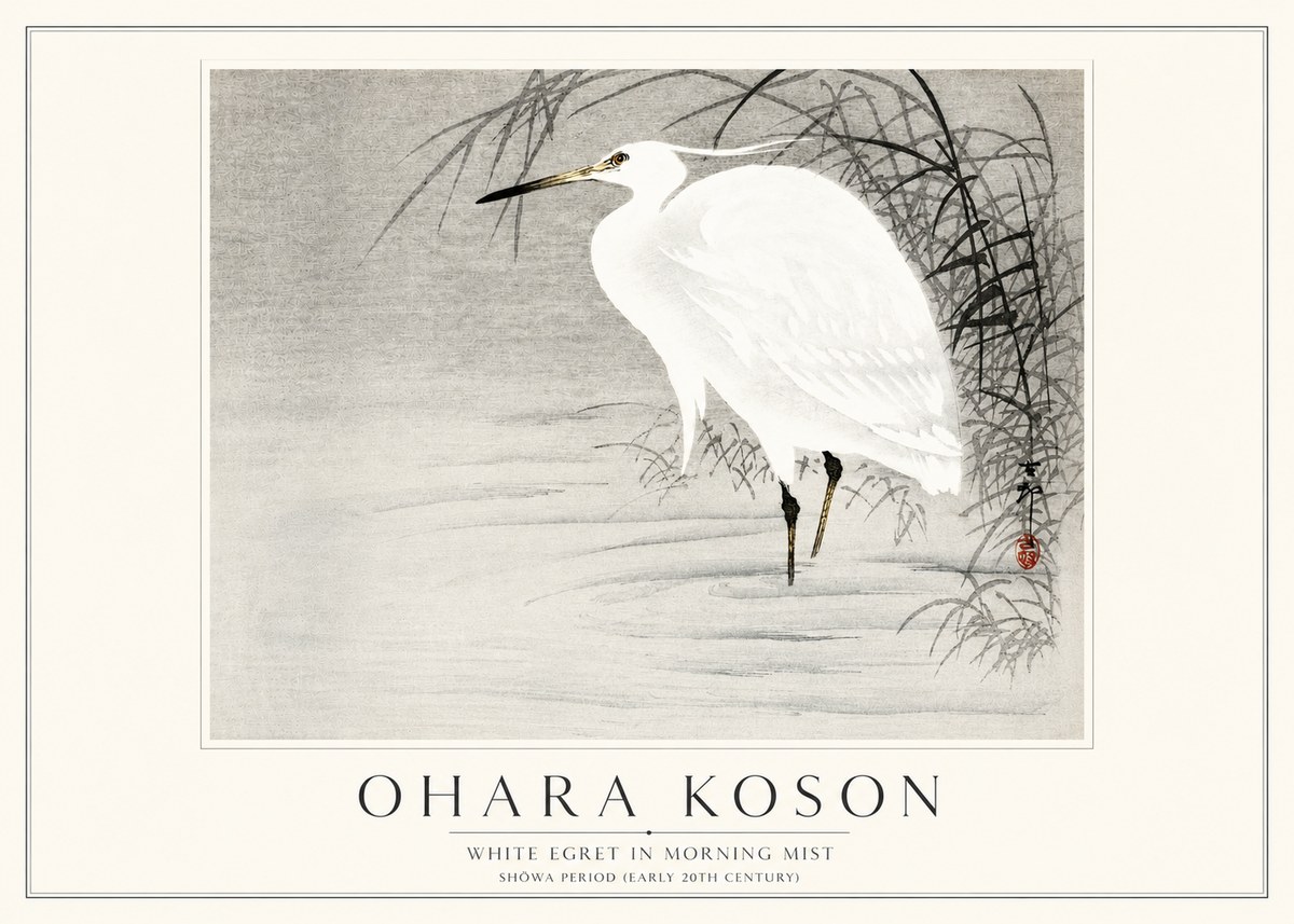 Ohara Koson White Egret in Morning Mist No3 - Juliste