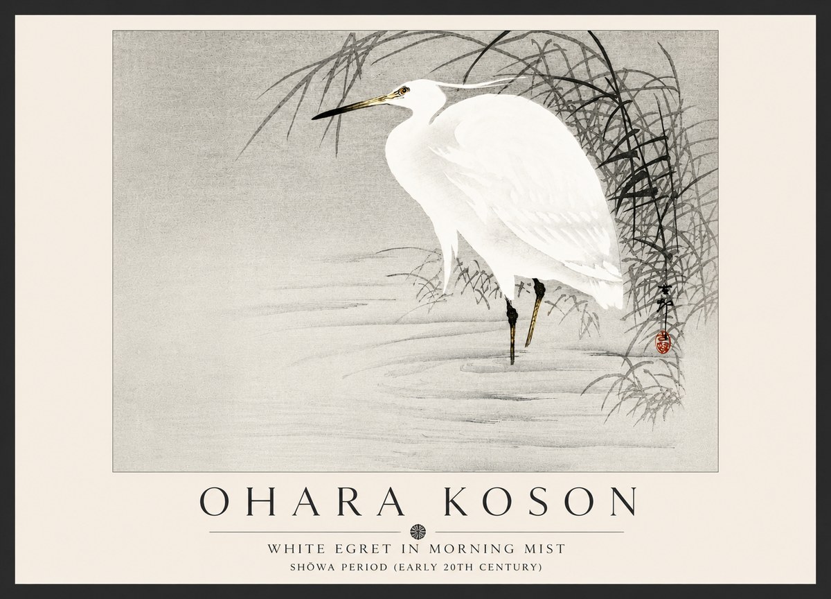 Ohara Koson White Egret in Morning Mist No5 - Juliste