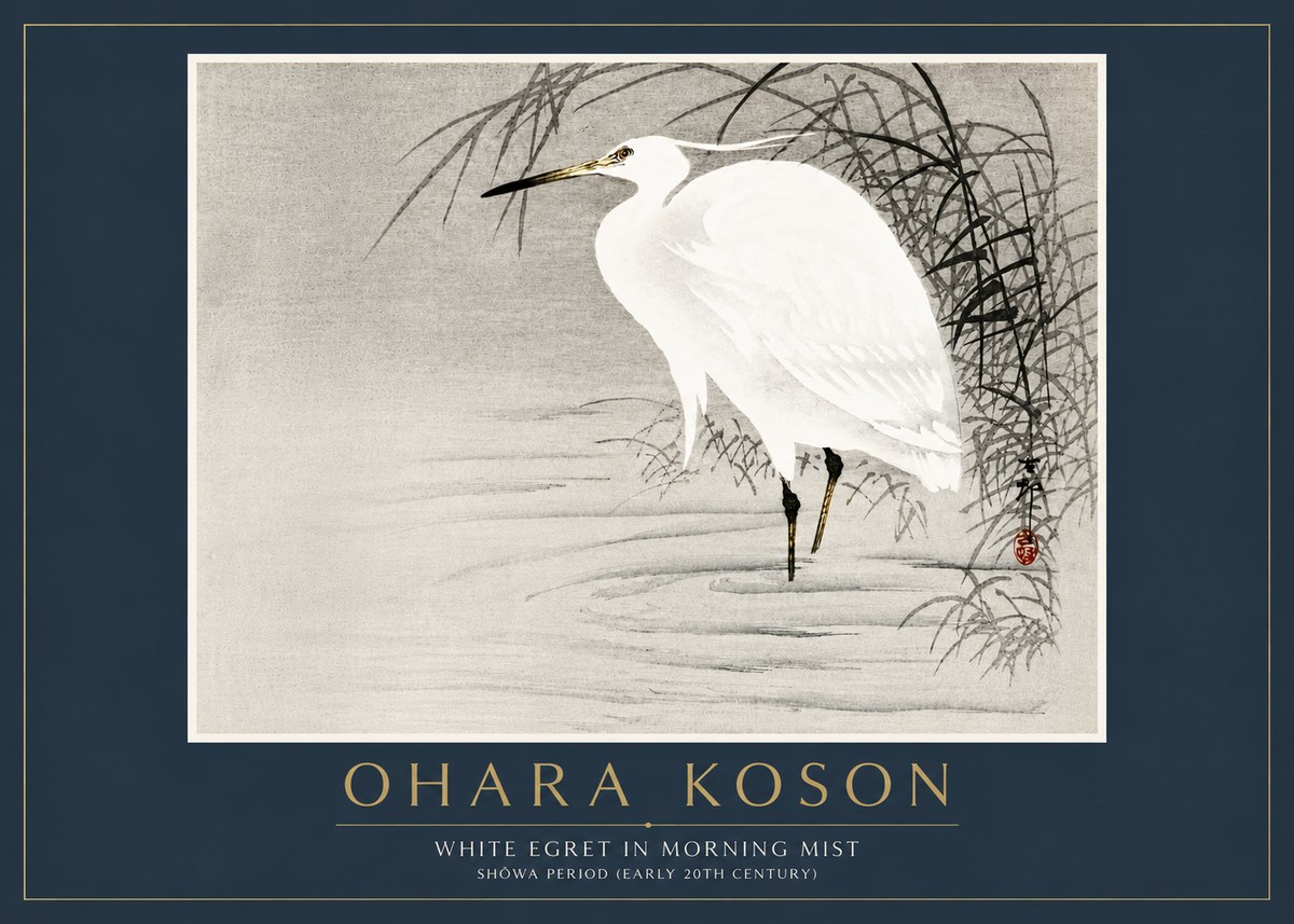 Ohara Koson White Egret in Morning Mist No6 - Juliste