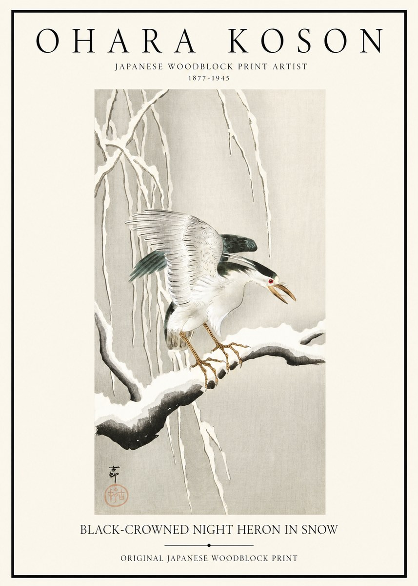 Ohara Koson Black-crowned Night Heron in Snow No1 - Juliste
