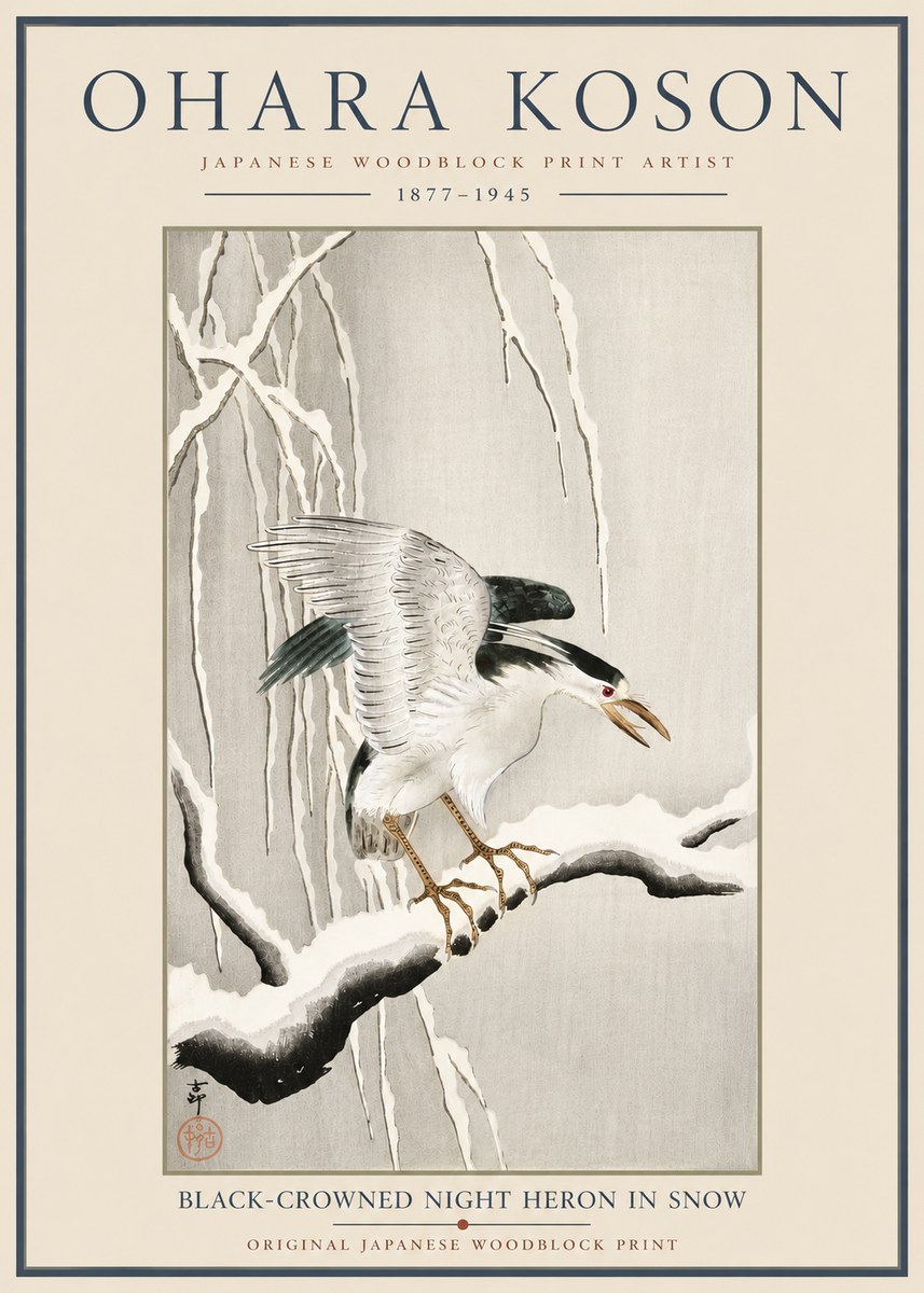 Ohara Koson Black-crowned Night Heron in Snow No6 - Juliste