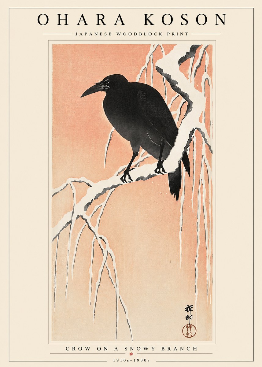 Ohara Koson Crow on a Snowy Branch I No3 - Juliste