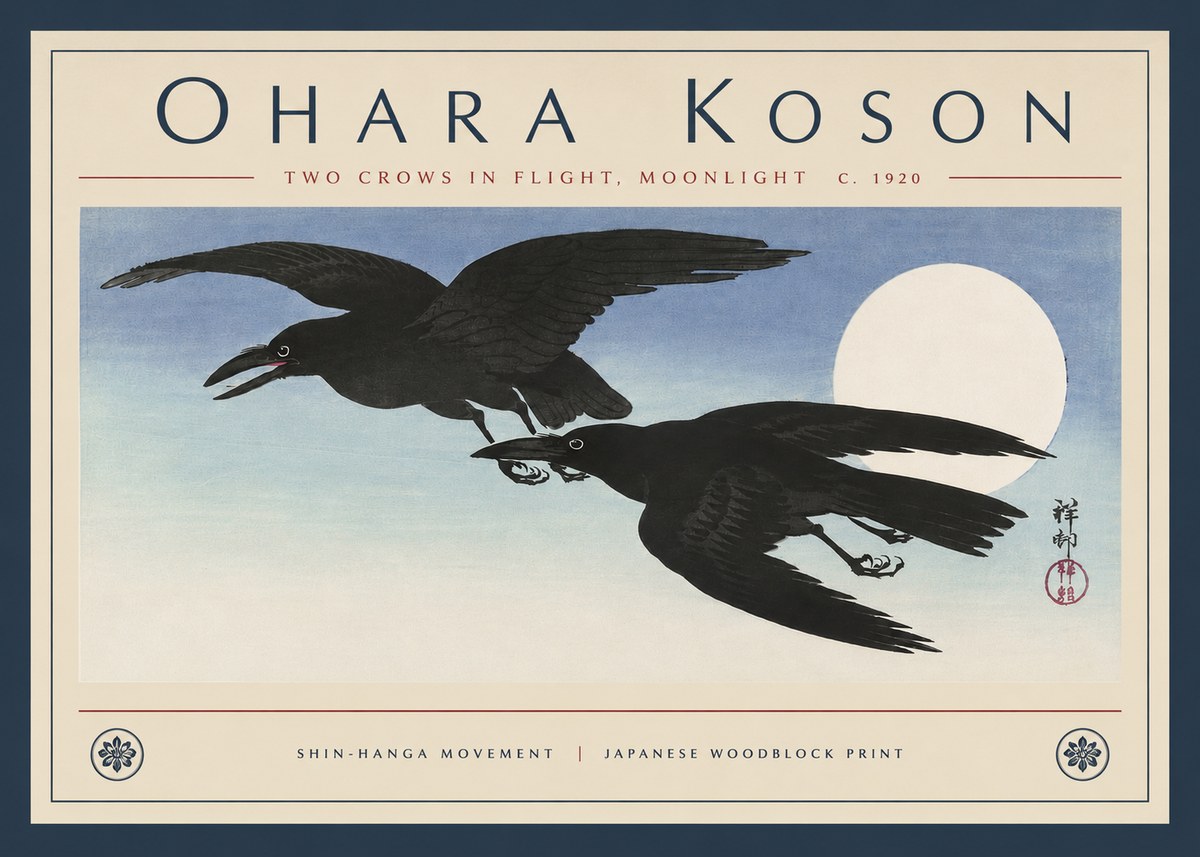 Ohara Koson Two Crows in Flight, Moonlight No4 - Juliste