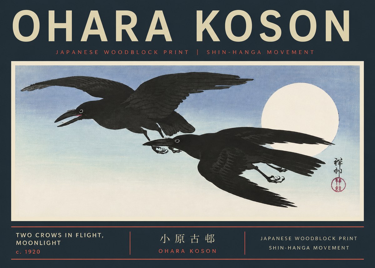 Ohara Koson Two Crows in Flight, Moonlight No6 - Juliste