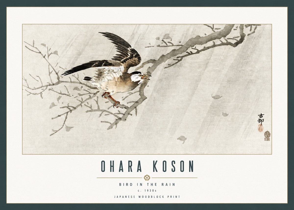 Ohara Koson Bird in the Rain No2 - Juliste