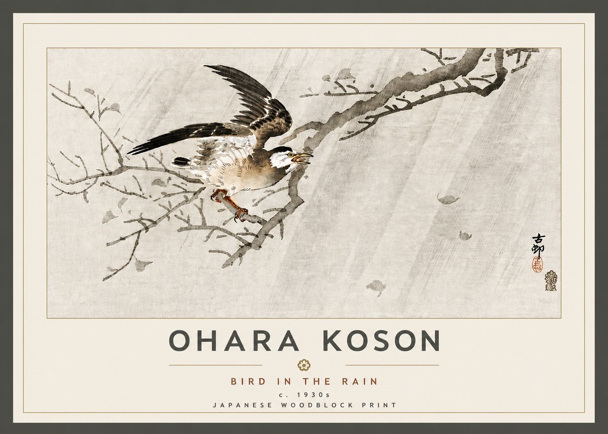 Ohara Koson Bird in the Rain No5 - Juliste