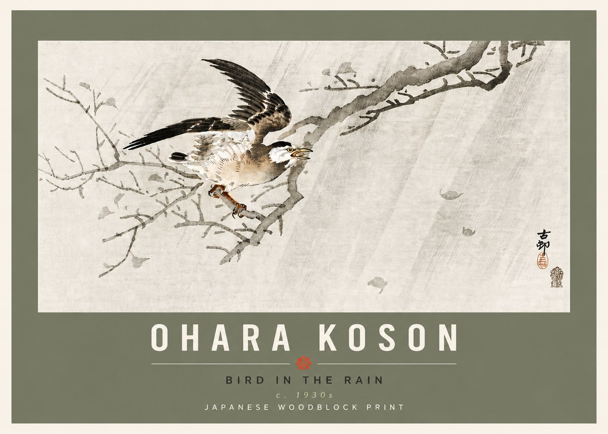 Ohara Koson Bird in the Rain No6 - Juliste