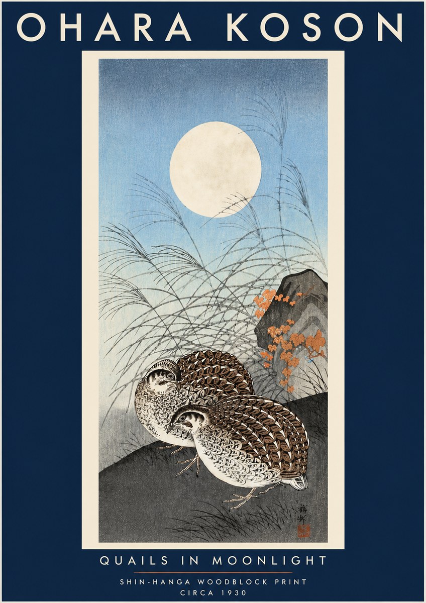 Ohara Koson Quails in Moonlight No4 - Juliste