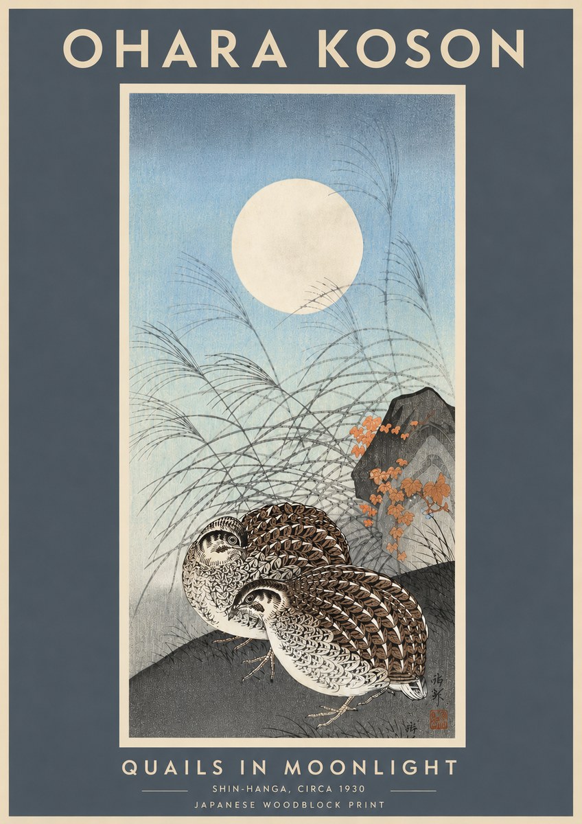 Ohara Koson Quails in Moonlight No6 - Juliste