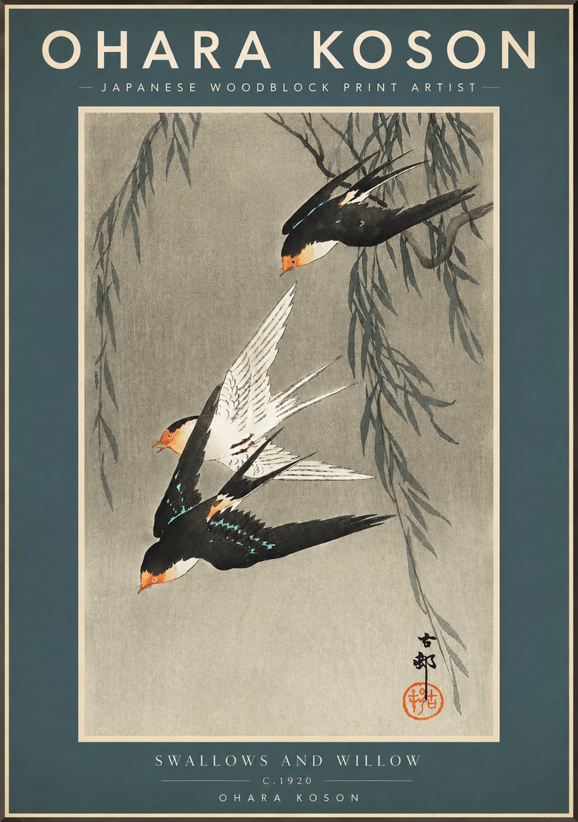 Ohara Koson Swallows and Willow II No2 - Juliste