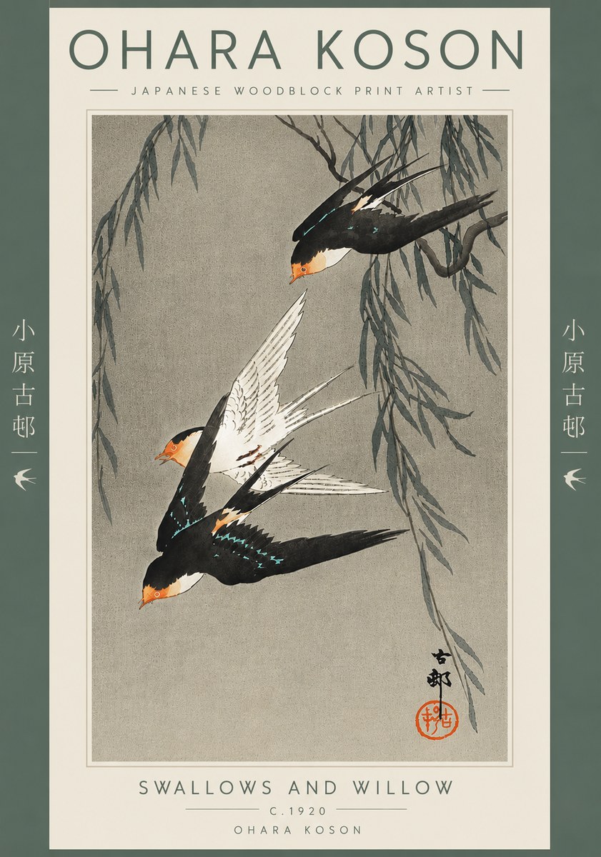 Ohara Koson Swallows and Willow II No5 - Juliste