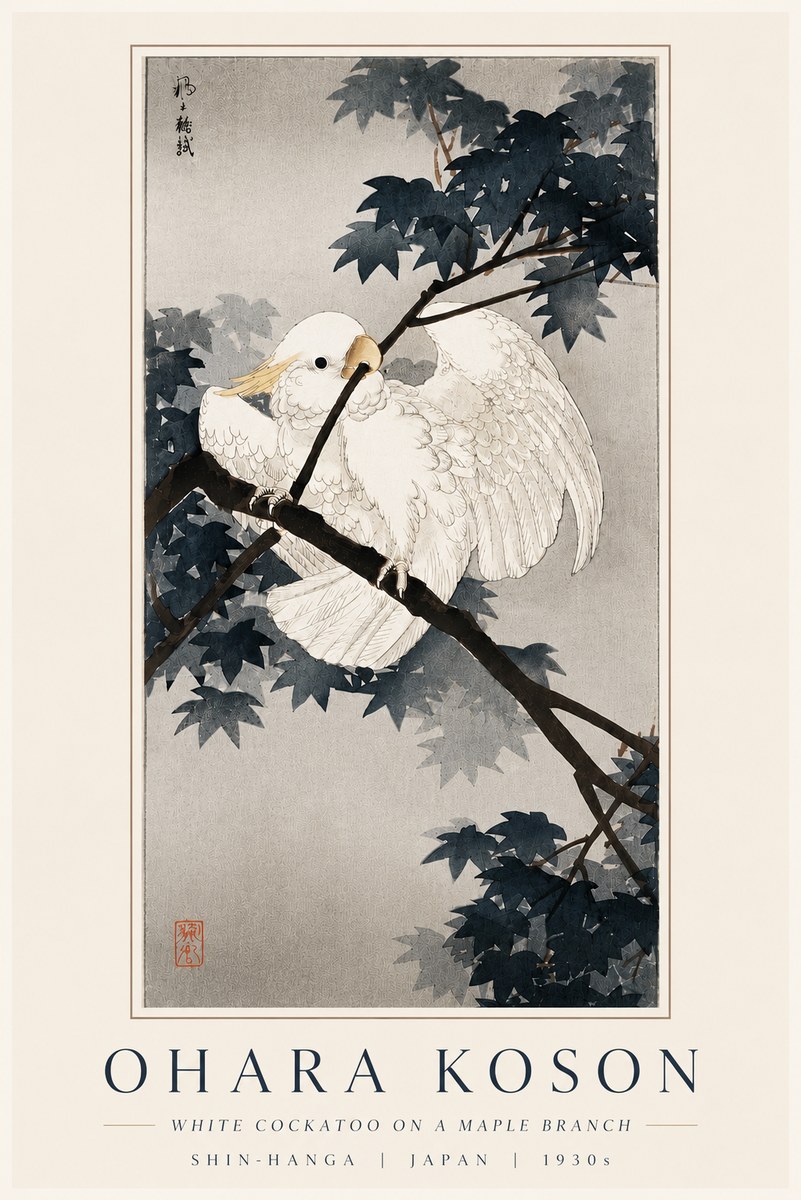 Ohara Koson White Cockatoo on a Maple Branch No6 - Juliste