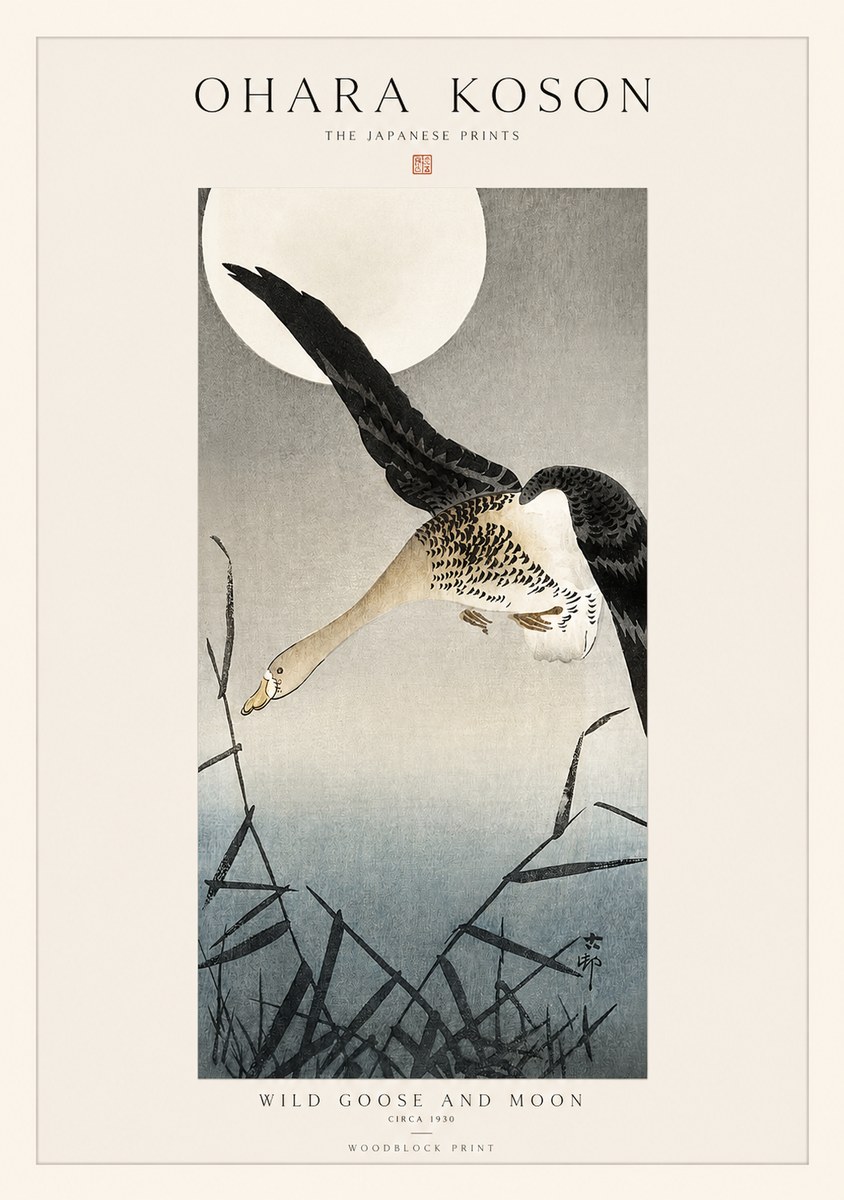 Ohara Koson Wild Goose and Moon No1 - Juliste