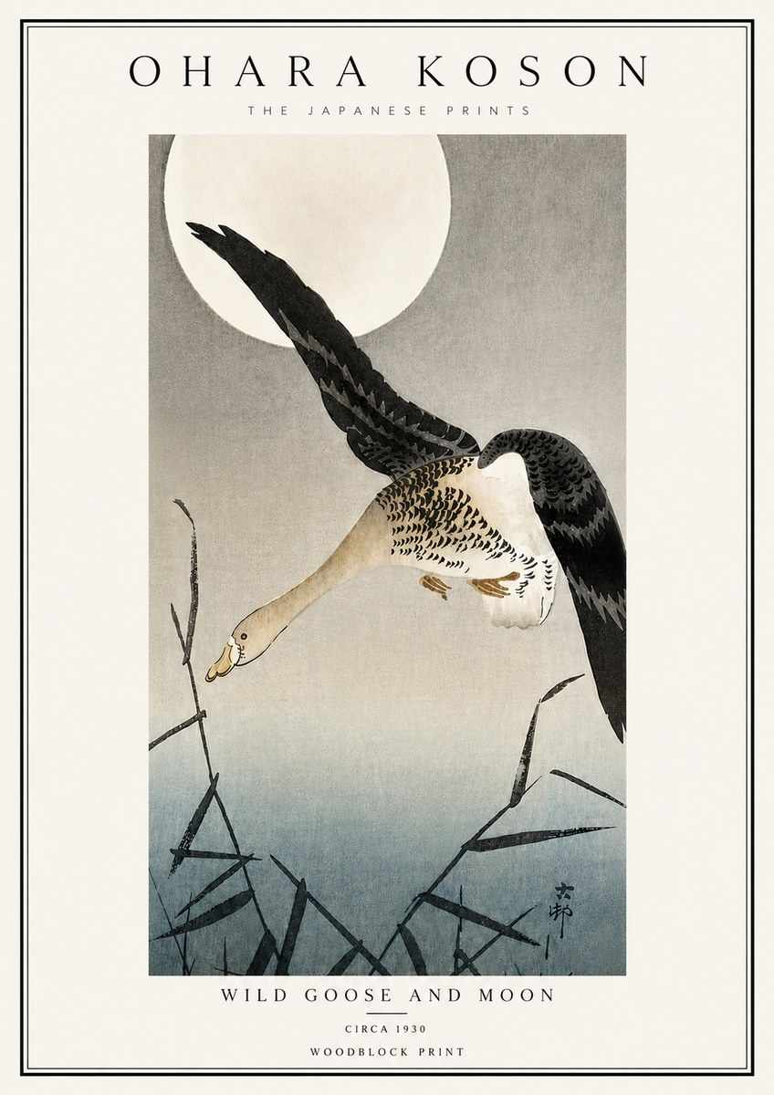 Ohara Koson Wild Goose and Moon No6 - Juliste