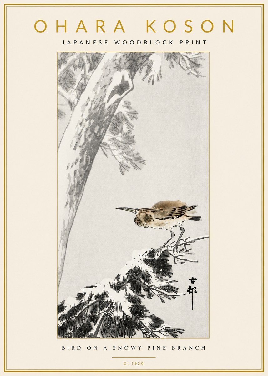 Ohara Koson Bird on a Snowy Pine Branch No3 - Juliste