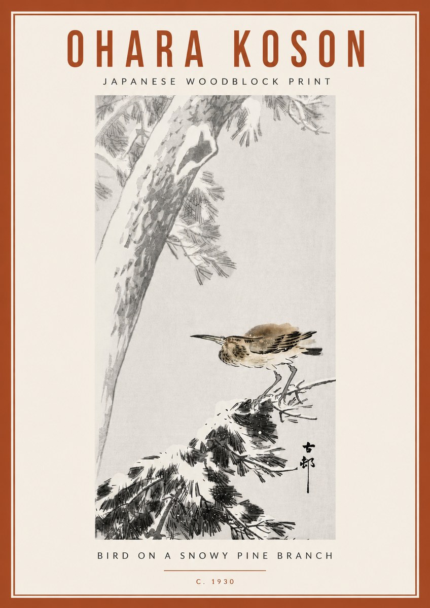 Ohara Koson Bird on a Snowy Pine Branch No6 - Juliste