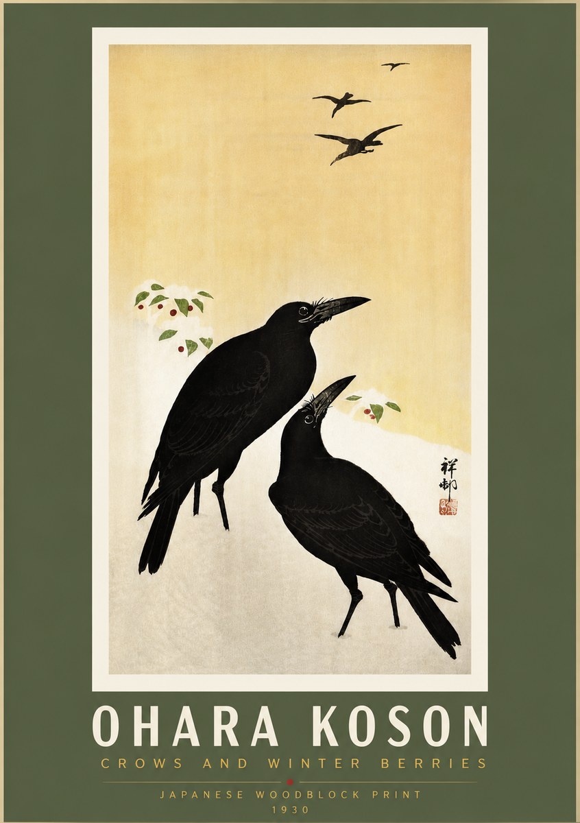 Ohara Koson Crows and Winter Berries No5 - Juliste