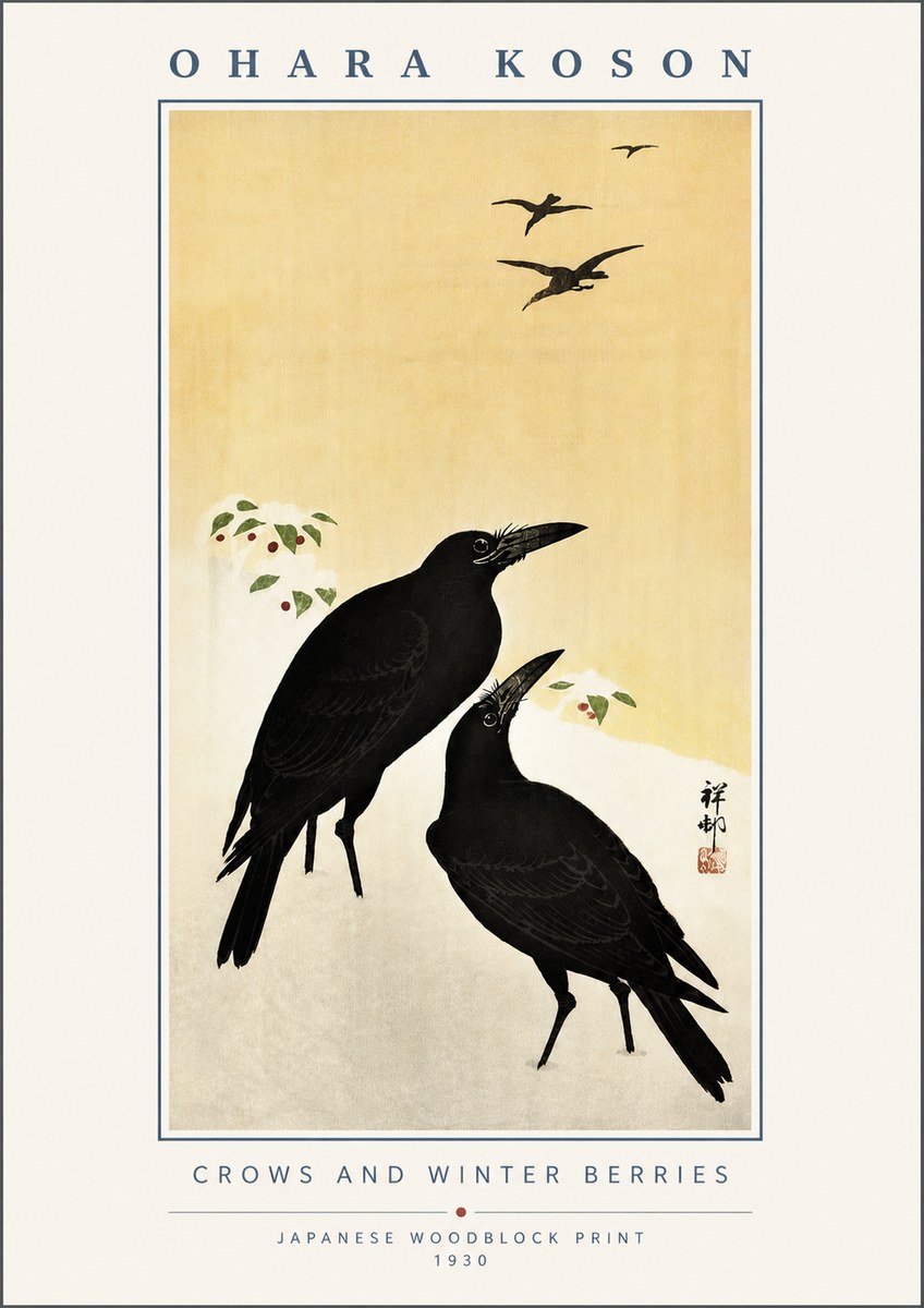 Ohara Koson Crows and Winter Berries No6 - Juliste