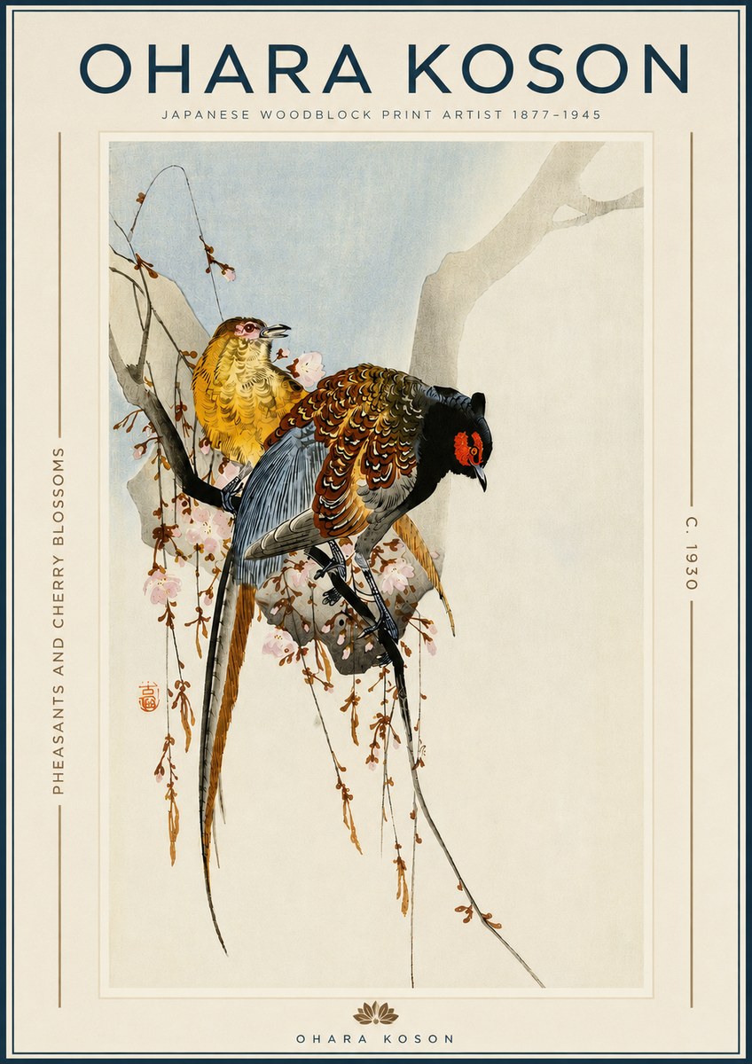 Ohara Koson Pheasants and Cherry Blossoms I No3 - Juliste