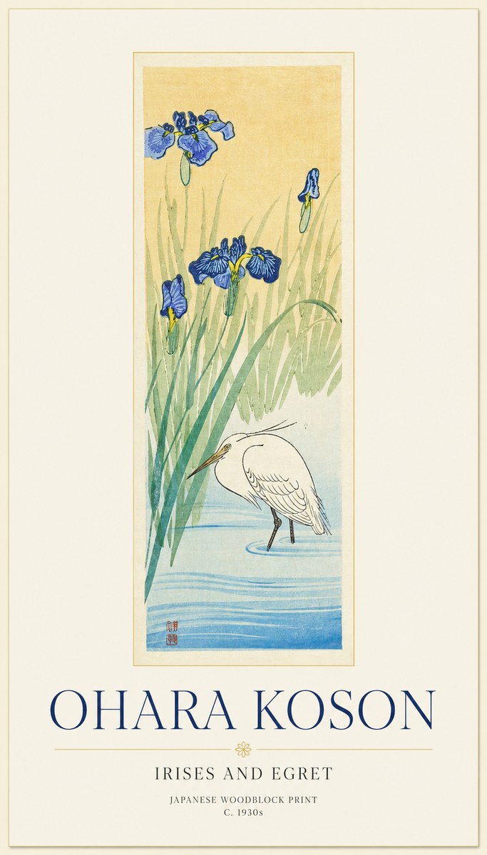 Ohara Koson Irises and Egret No1 - Juliste