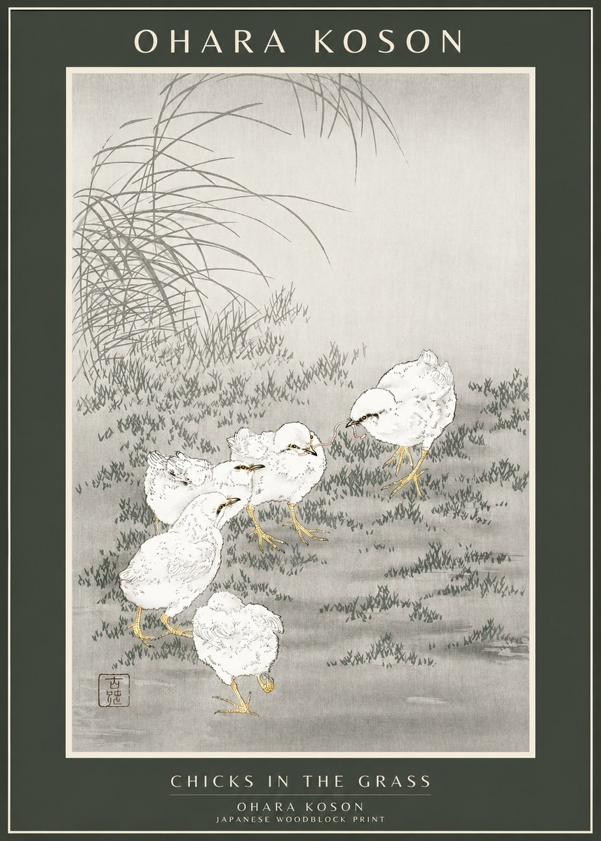 Ohara Koson Chicks in the Grass No1 - Juliste