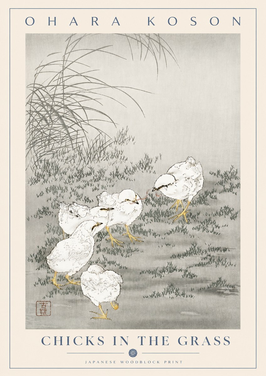 Ohara Koson Chicks in the Grass No2 - Juliste