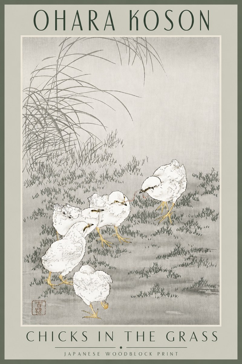 Ohara Koson Chicks in the Grass No3 - Juliste