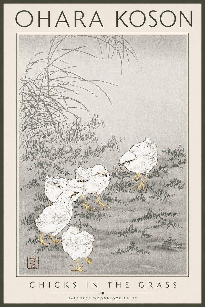 Ohara Koson Chicks in the Grass No4 - Juliste