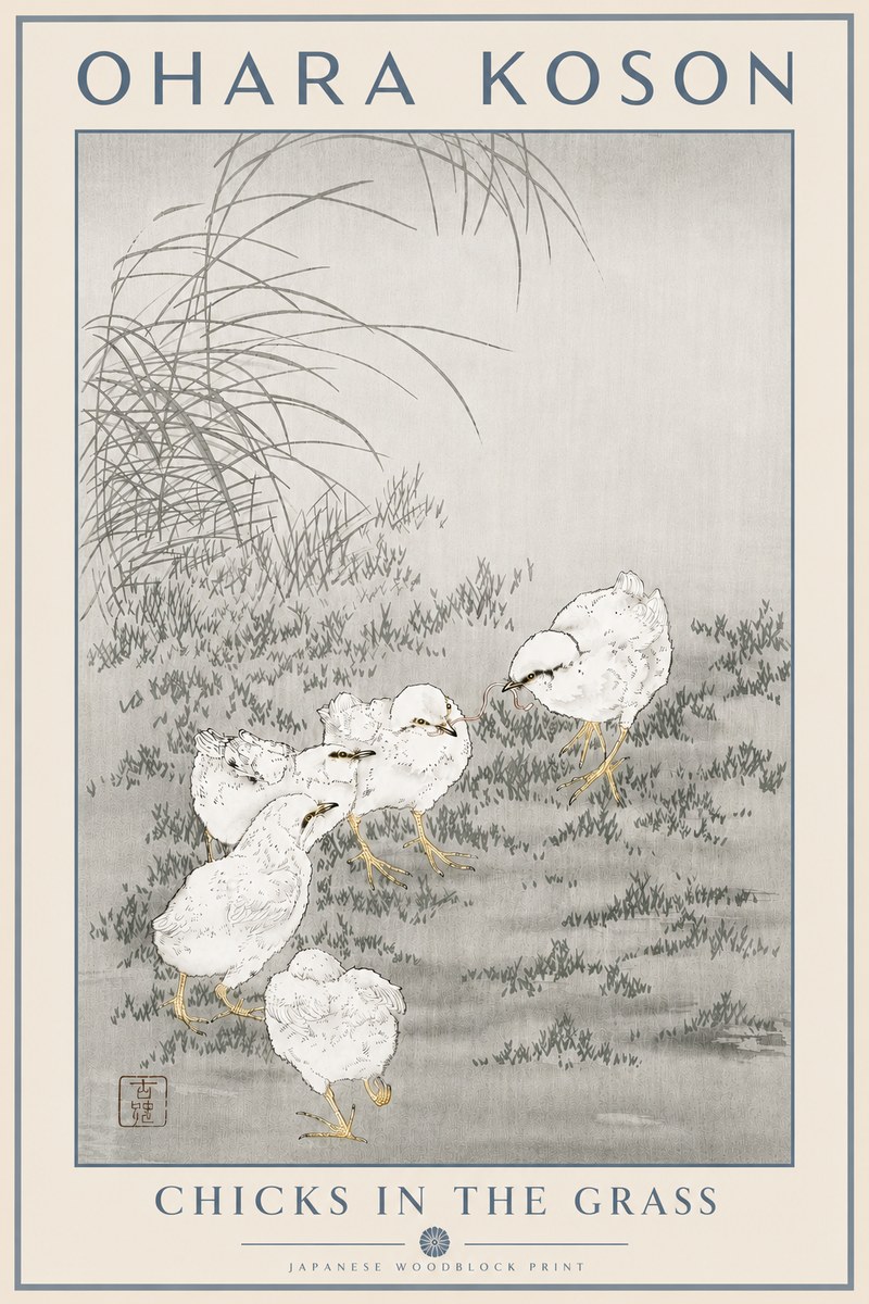Ohara Koson Chicks in the Grass No5 - Juliste