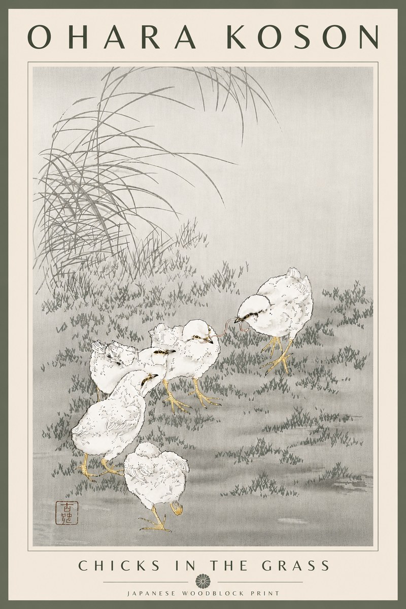 Ohara Koson Chicks in the Grass No6 - Juliste