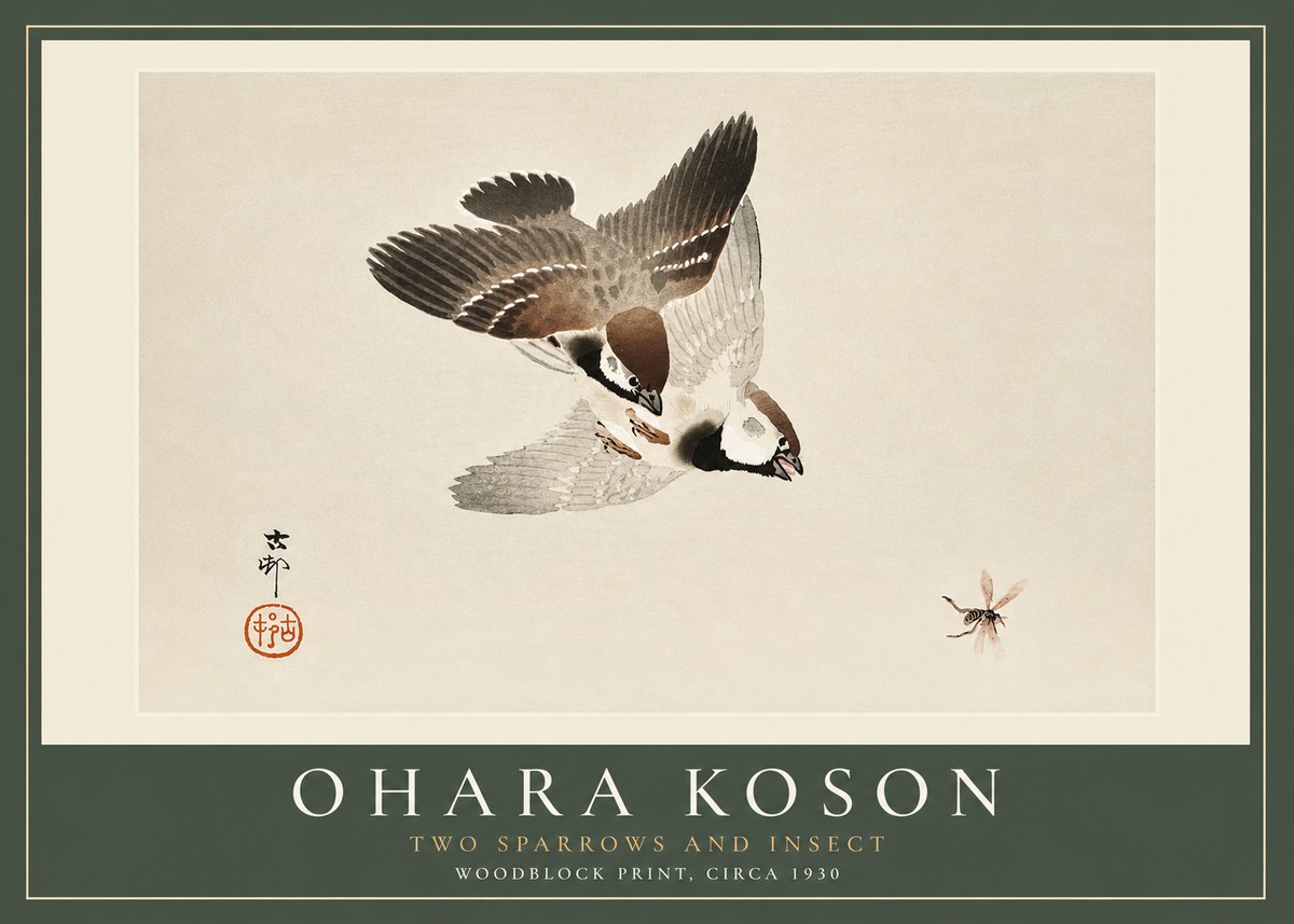Ohara Koson Two Sparrows and Insect No4 - Juliste