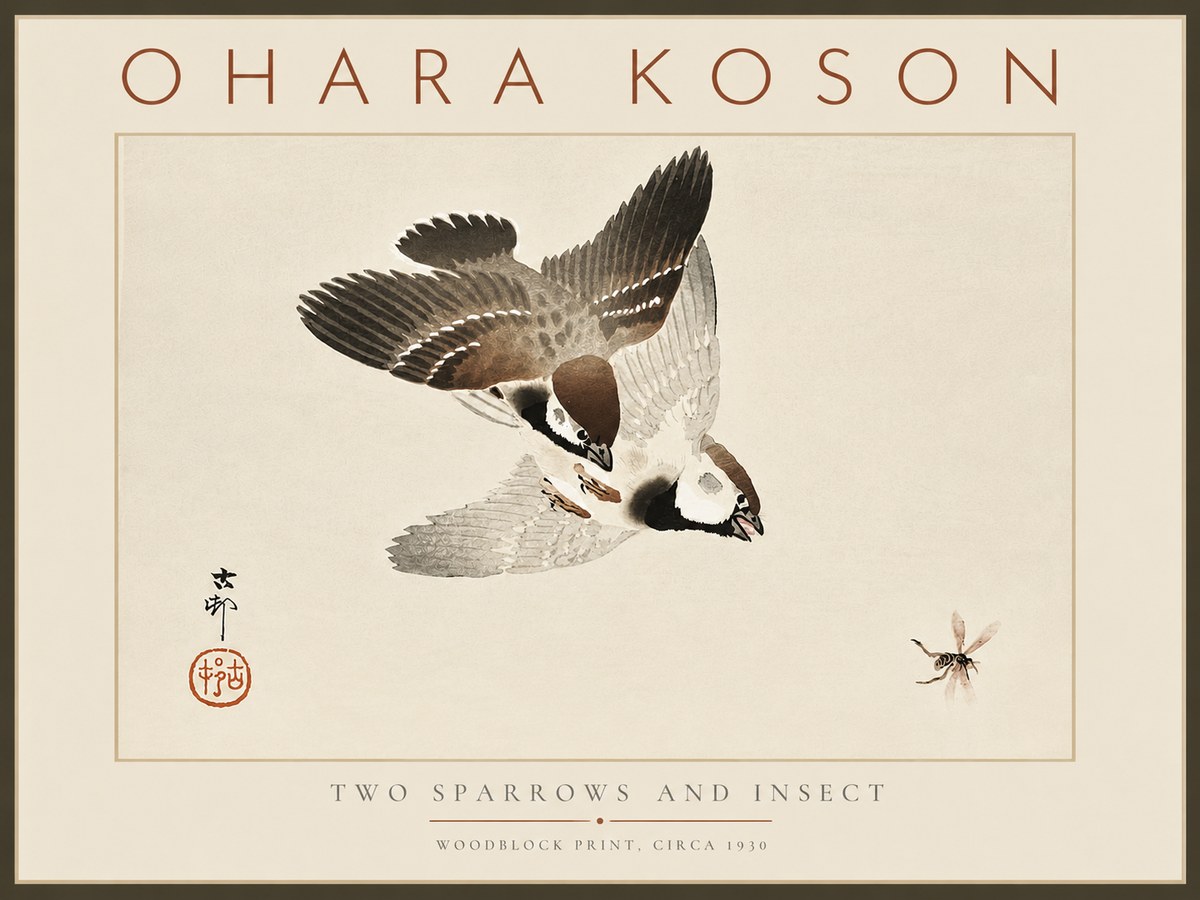 Ohara Koson Two Sparrows and Insect No6 - Juliste