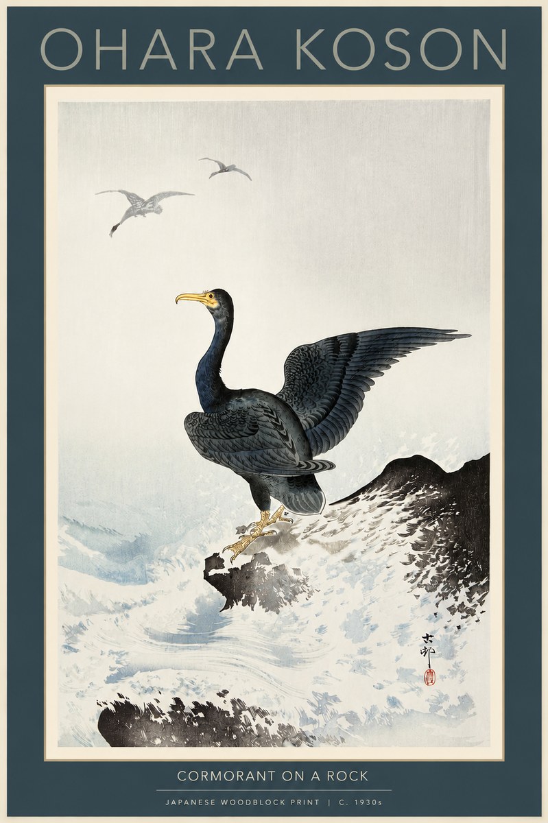 Ohara Koson Cormorant on a Rock No2 - Juliste