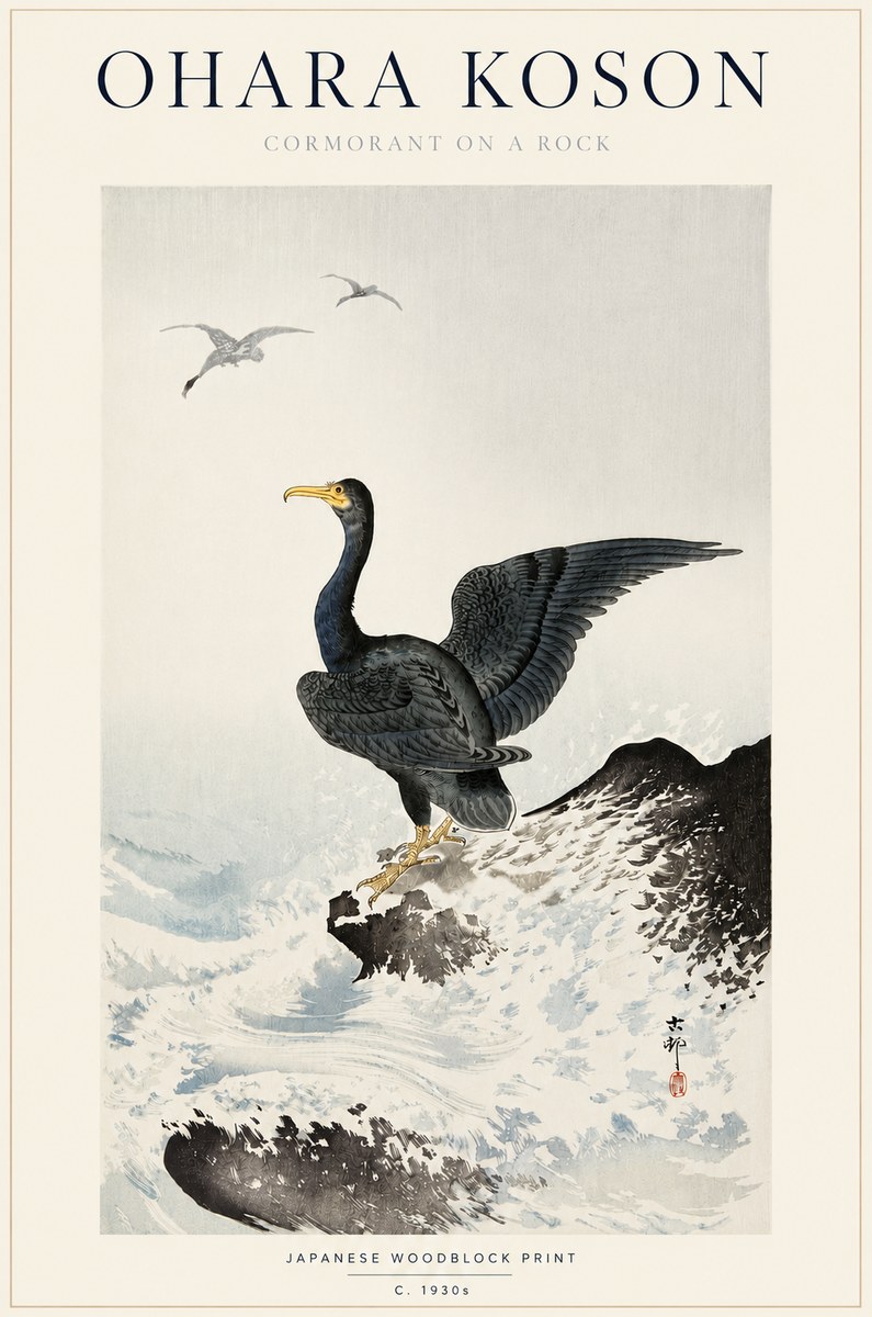 Ohara Koson Cormorant on a Rock No3 - Juliste
