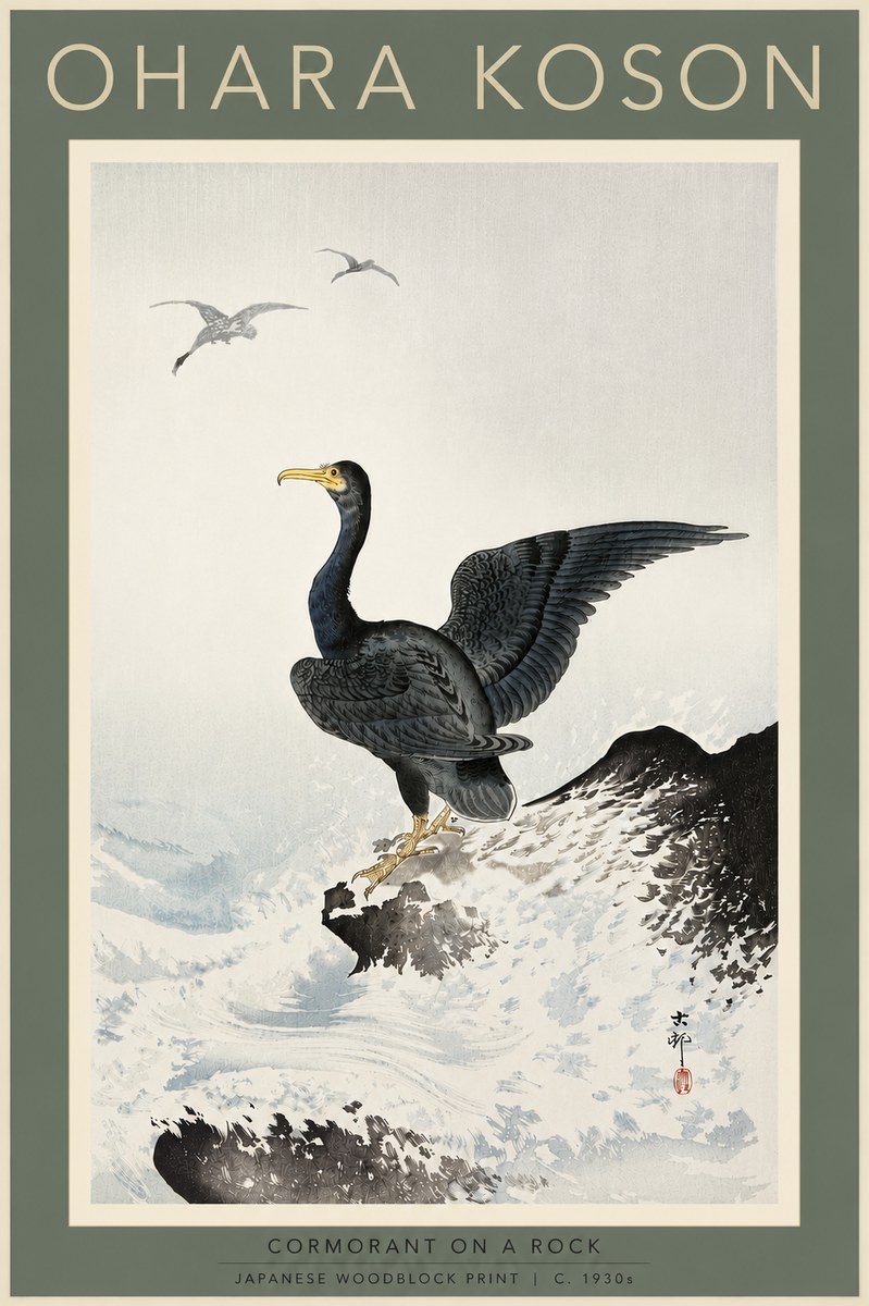 Ohara Koson Cormorant on a Rock No5 - Juliste