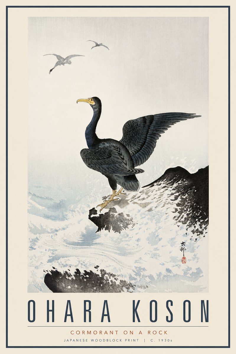Ohara Koson Cormorant on a Rock No6 - Juliste