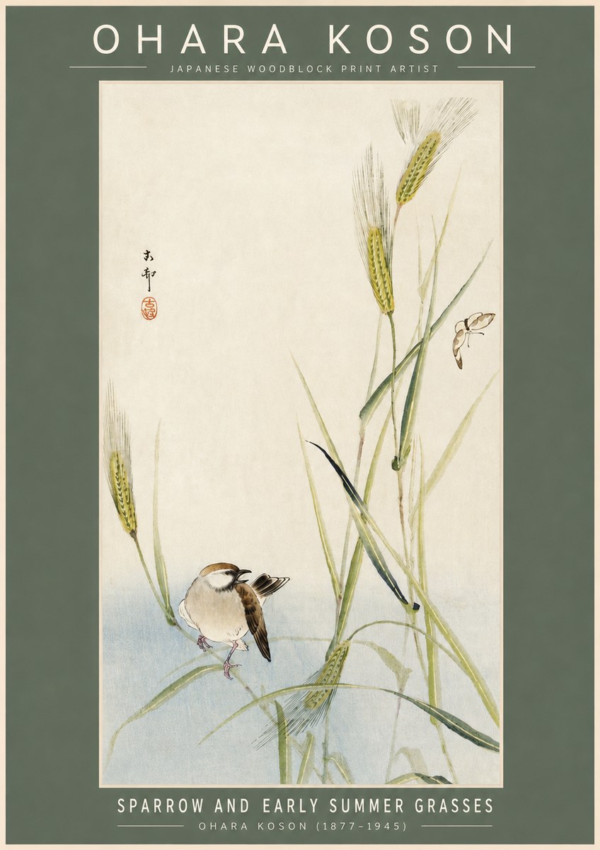 Ohara Koson Sparrow and Early Summer Grasses No2 - Juliste