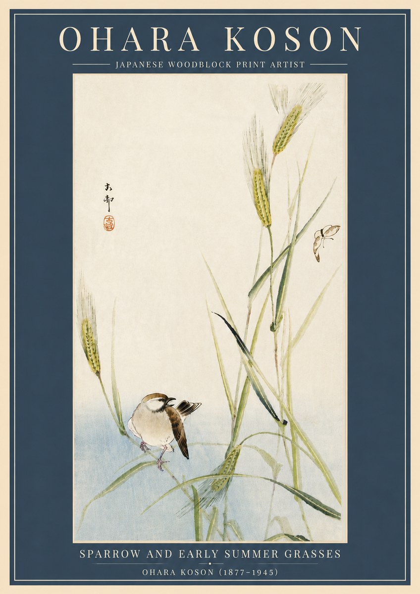 Ohara Koson Sparrow and Early Summer Grasses No6 - Juliste