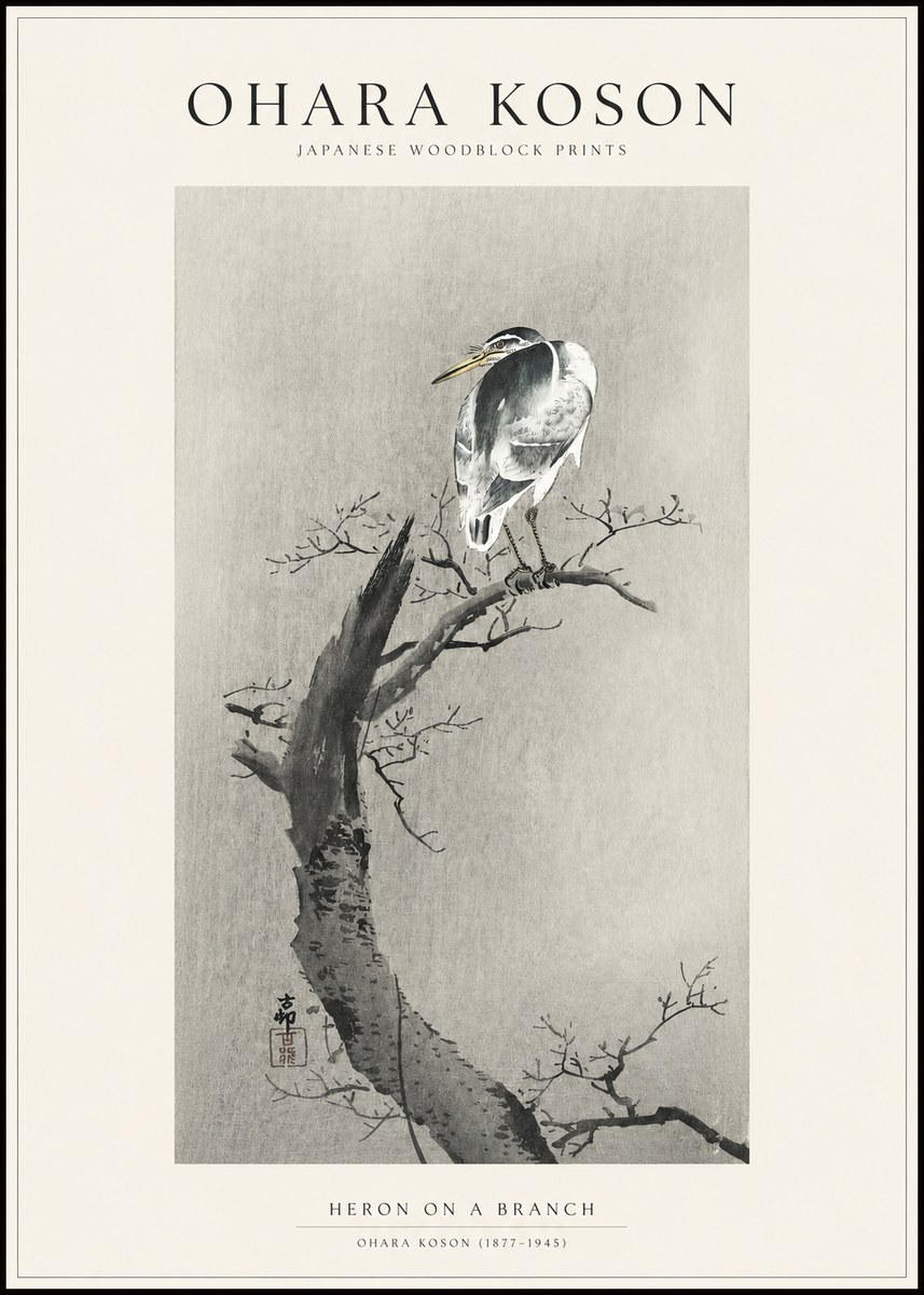 Ohara Koson Heron on a Branch No1 - Juliste