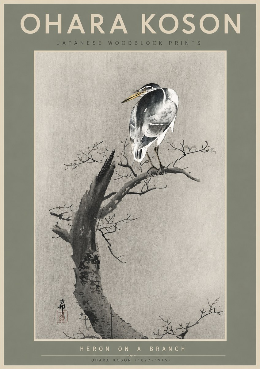 Ohara Koson Heron on a Branch No6 - Juliste