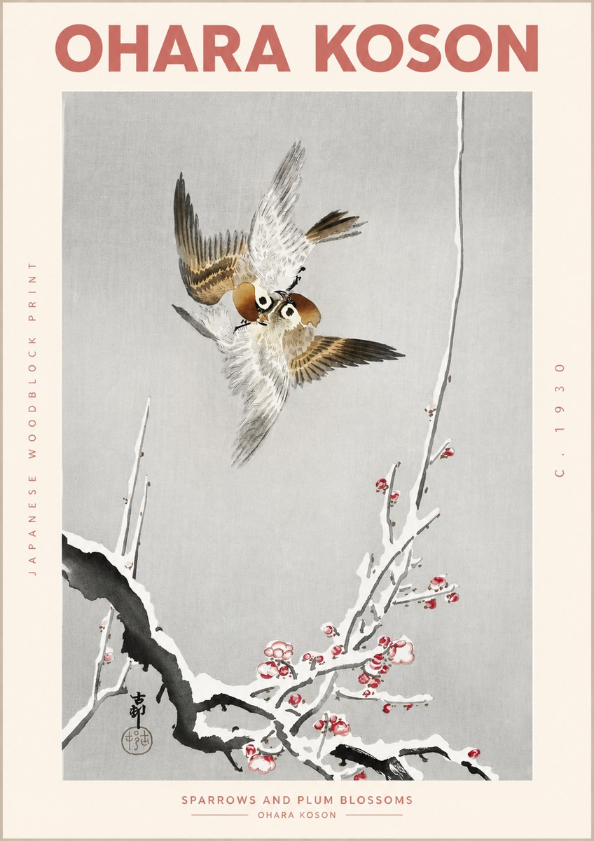 Ohara Koson Sparrows and Plum Blossoms No2 - Juliste