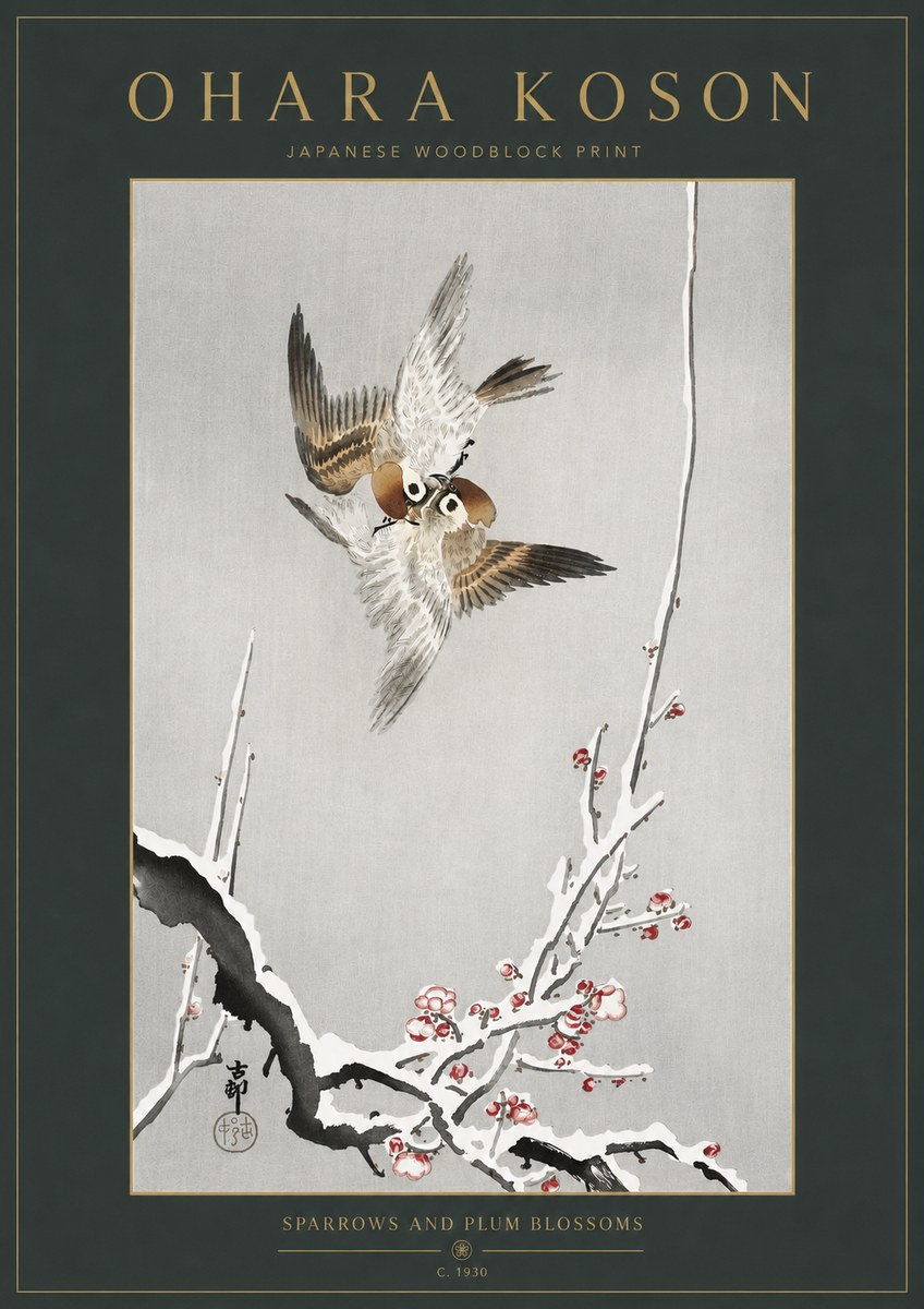 Ohara Koson Sparrows and Plum Blossoms No3 - Juliste