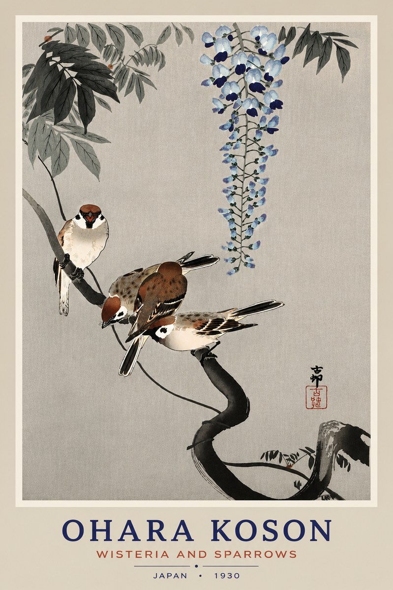 Ohara Koson Wisteria and Sparrows No4 - Juliste