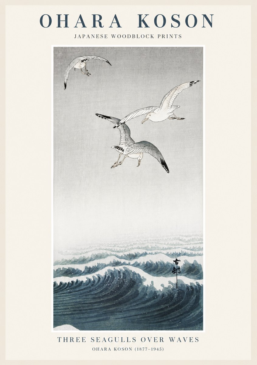 Ohara Koson Three Seagulls over Waves No1 - Juliste