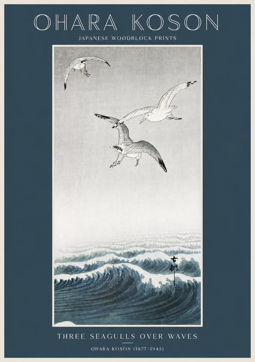 Ohara Koson Three Seagulls over Waves No2 - Juliste