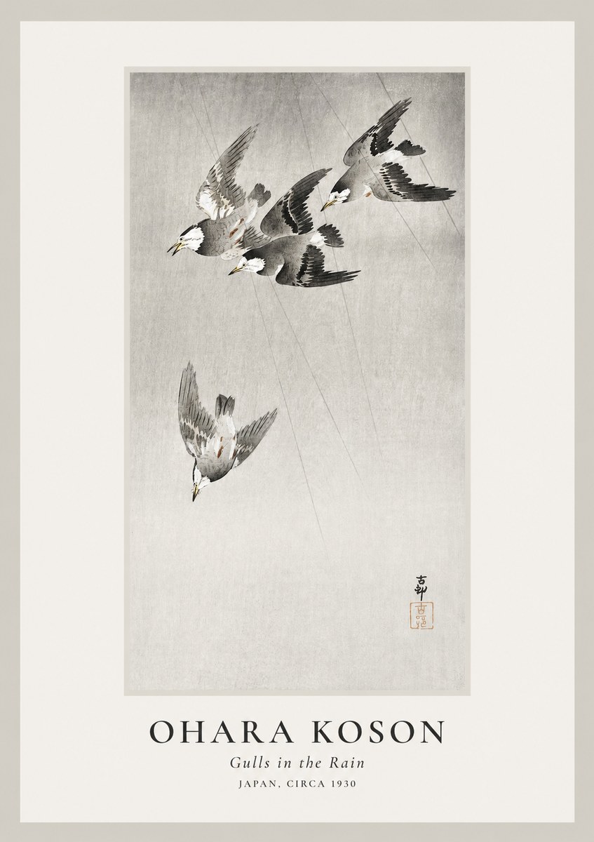 Ohara Koson Gulls in the Rain No1 - Juliste