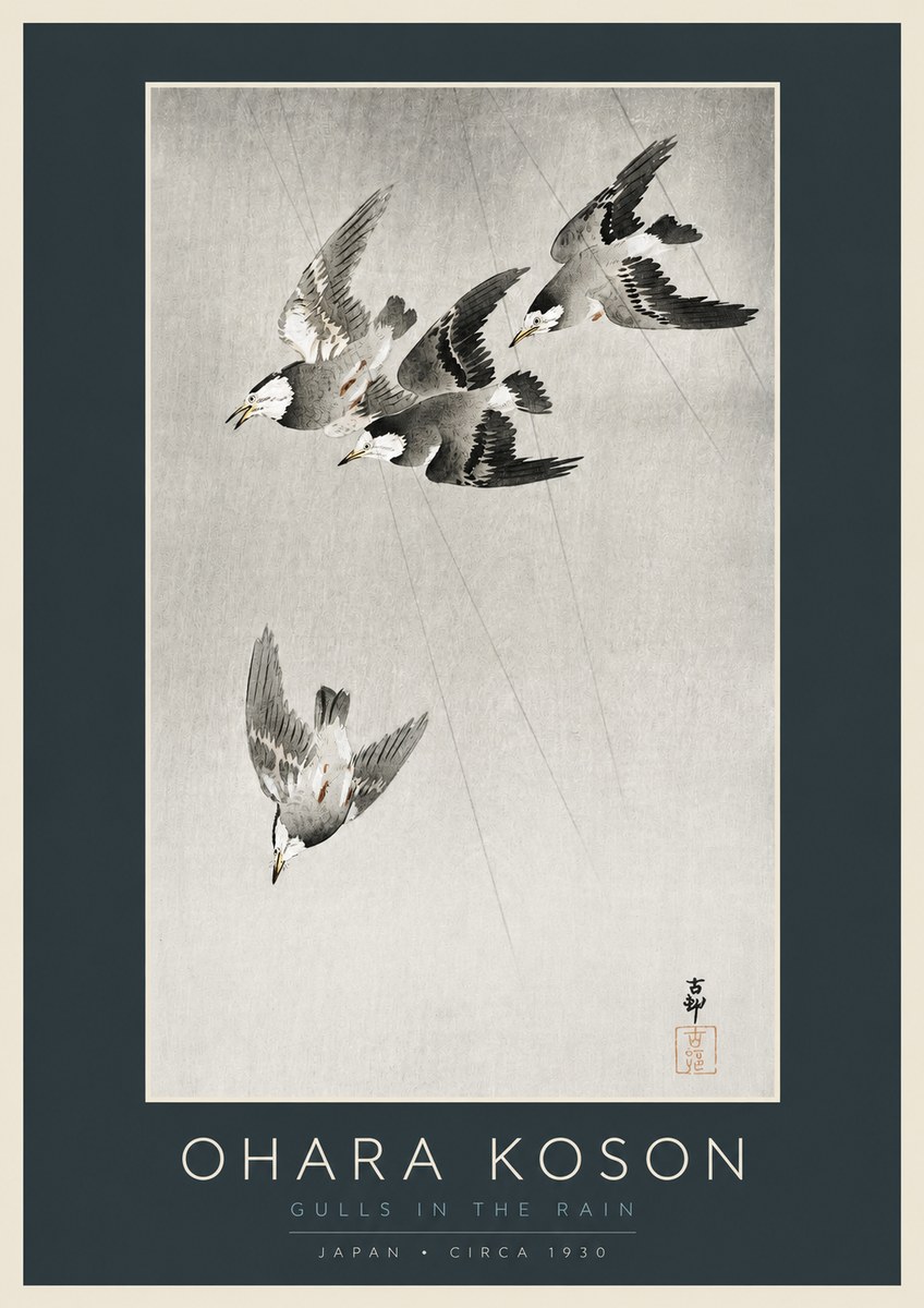 Ohara Koson Gulls in the Rain No2 - Juliste