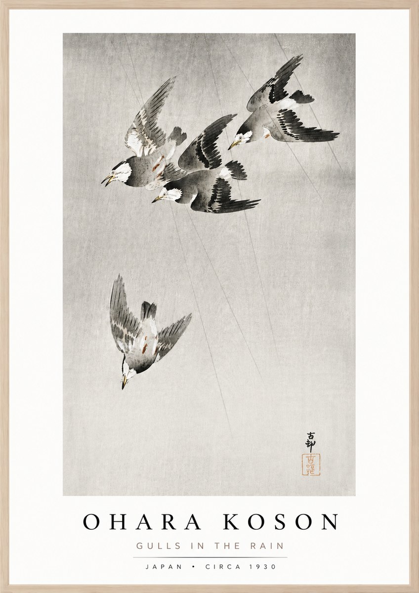 Ohara Koson Gulls in the Rain No3 - Juliste