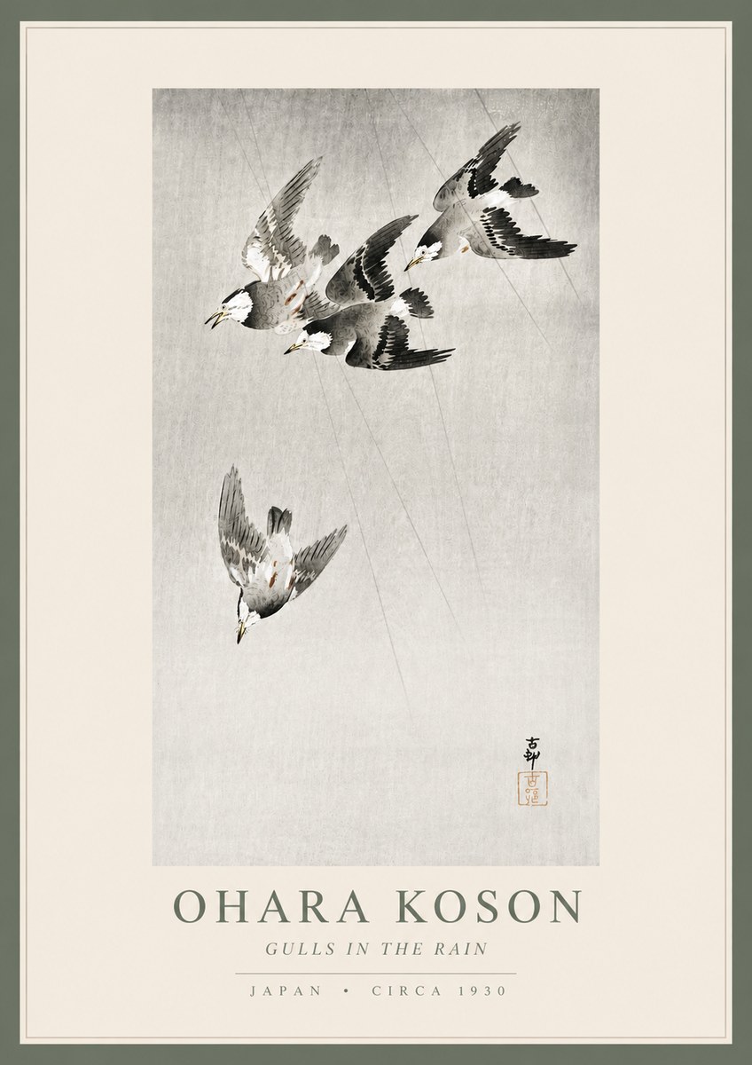 Ohara Koson Gulls in the Rain No4 - Juliste